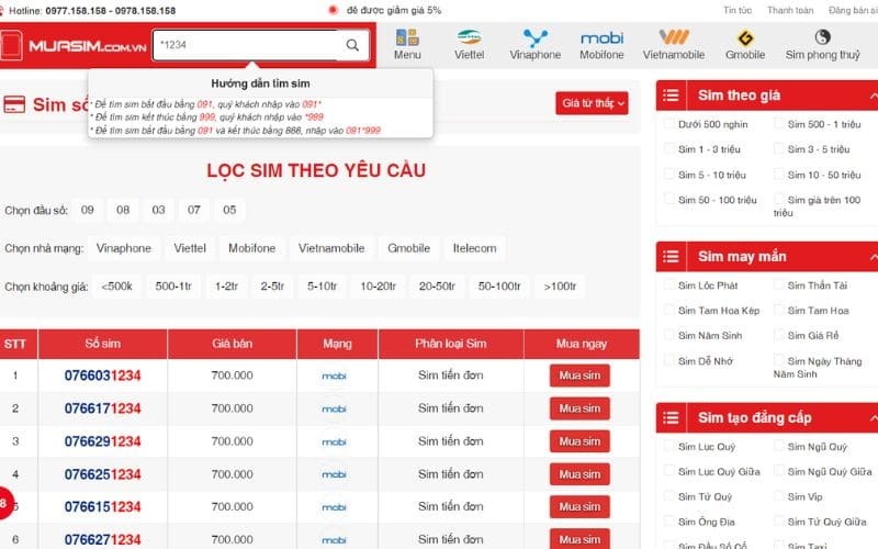 gia ban sim 1234
